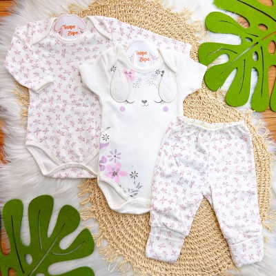 CONJ. DE MALHA 3 PEÇAS - Cachorrinha com Flores - Off White e Lilás